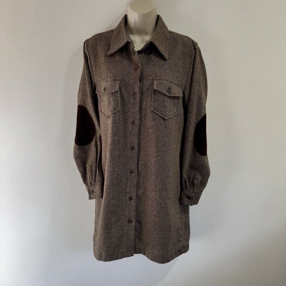Vintage Y2K Gap Shirt Dress M Wool Tweed Chevron Brown Professor Patch Leather - Picture 1 of 10